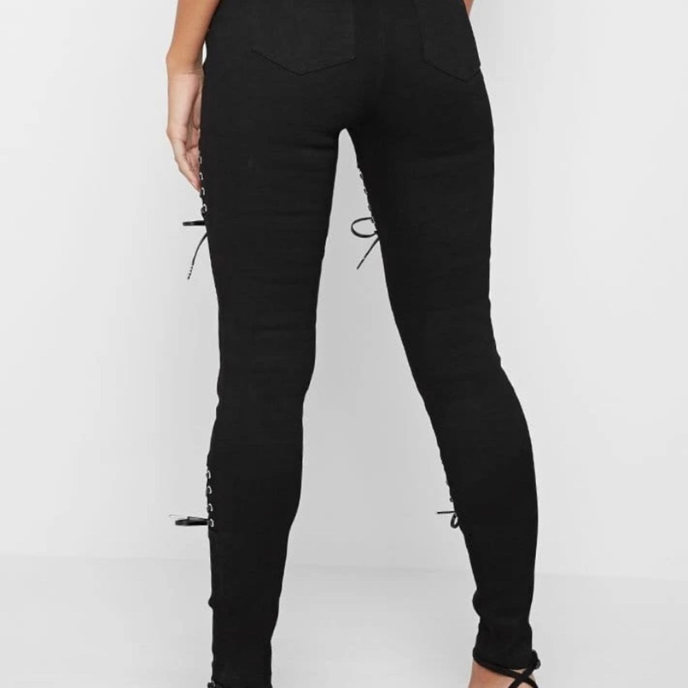 High-Rise Black Lace-Up Distressed Women's Jeans - Picture 2 of 3